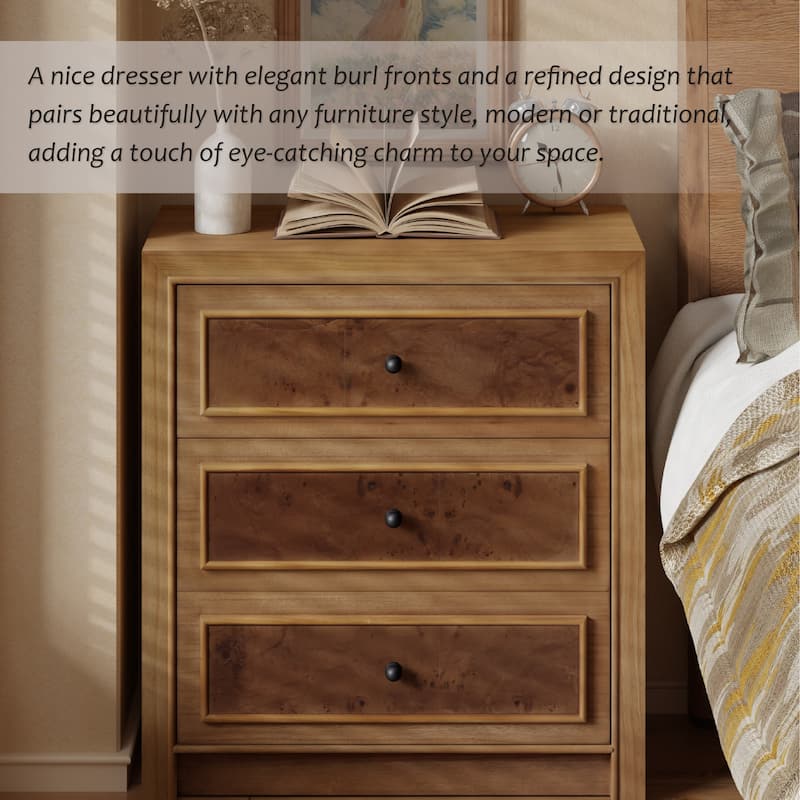 COZAYH Fully Assembled Wooden Nightstand, Burl Front Dresser in Farmhouse Style, Natural Finish Bedside Table with Ample Storage