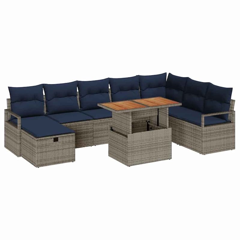 vidaXL 9 Garden Sofa Set with Cushions Black/Grey Poly Rattan - 113 x 69.7 x 27.2