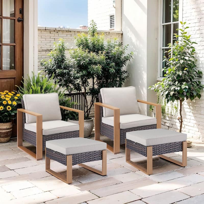 Pocassy 4 Pieces Outoor Patio Club Chair Ottoman Set - Beige cushion - Brown Wicker