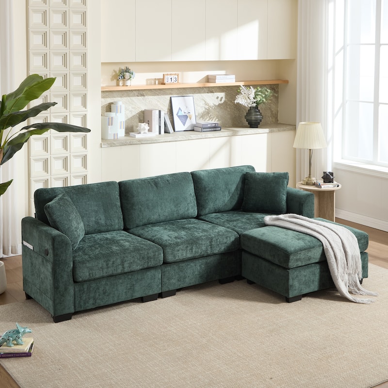 L-Shaped Modular Sectional Sofa with Storage Ottoman, 97" Chenille Corner Couch with USB Ports, Side Pockets