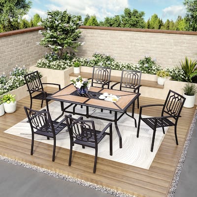 MAISON ARTS 7 Pieces Patio Dining Set Steel Outdoor Furniture Set with 6 Steel Garden Chairs and 1 Patio Umbrella Table
