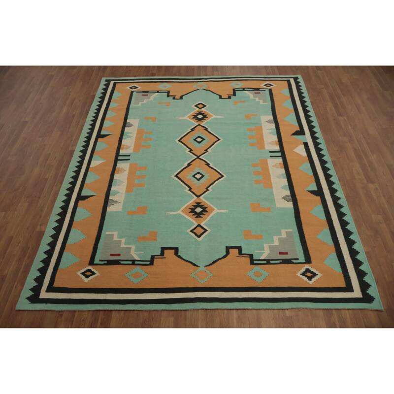 Hand Woven Oriental 100% Wool Carpet Southwestern Tribal Green Kilim Area Rug - 10' 0'' X 8' 4''