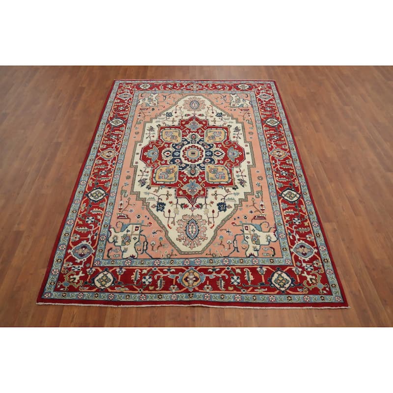 Hand Knotted Oriental 100% Wool Carpet Traditional Medallion Red Heriz (serapi) Area Rug - 8' 8'' X 6' 1''