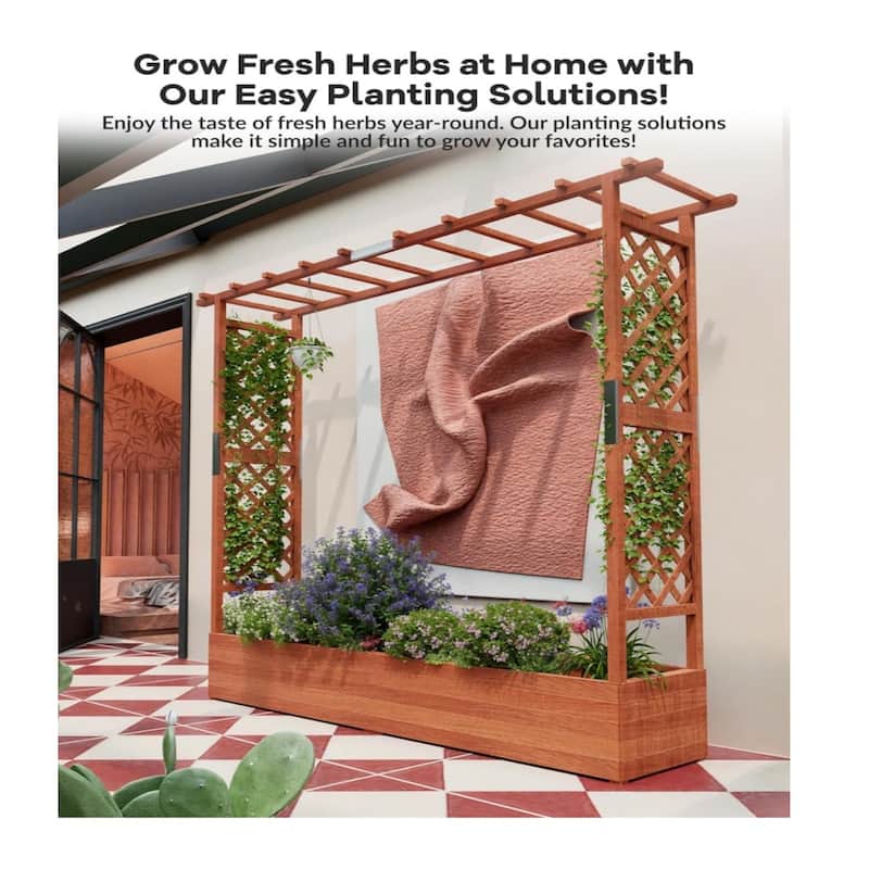 43x17x72Inch Elevated Wooden Garden Bed with Trellis and Hanging Roof Wood Planter Box 4 Drainage Holes