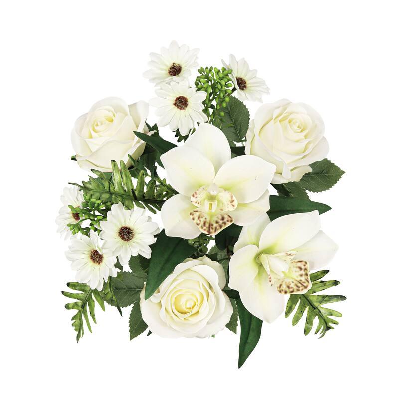 Set of 2 Cream White Artificial Mixed Rose Cymbidium Orchid Daisy Flower Stem Bush Bouquet 16in - 16" L x 9" W x 9" DP