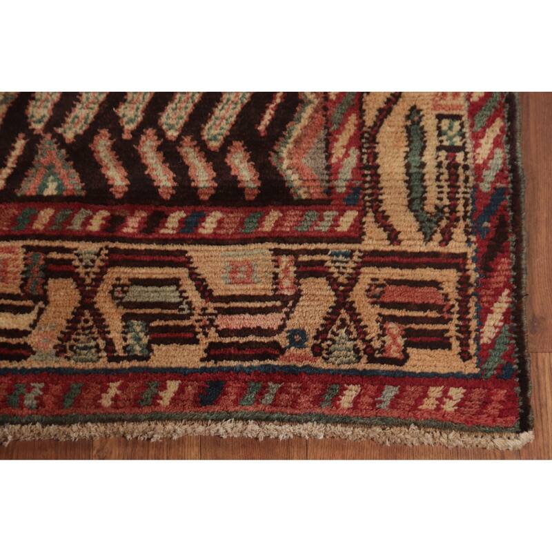 Hamedan Persian Vintage Runner Rug Handmade Brown Wool Carpet - 3'5"x 8'4"