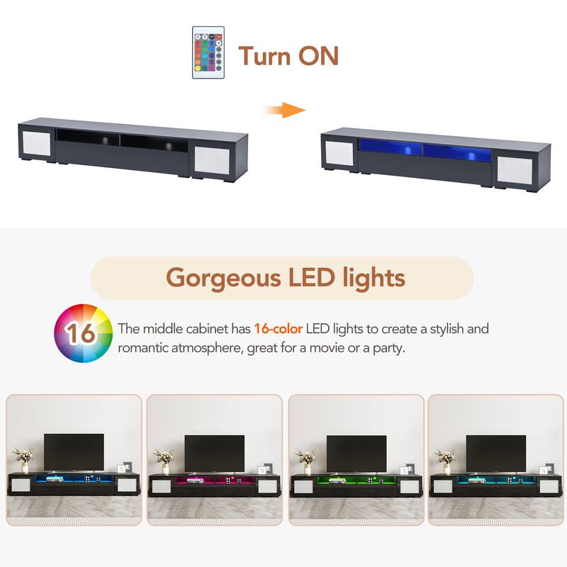 3-Piece Extended TV Stand with Color-Changing LED Lights - Rattan Style, Push-to-Open Doors, 82" Entertainment Center