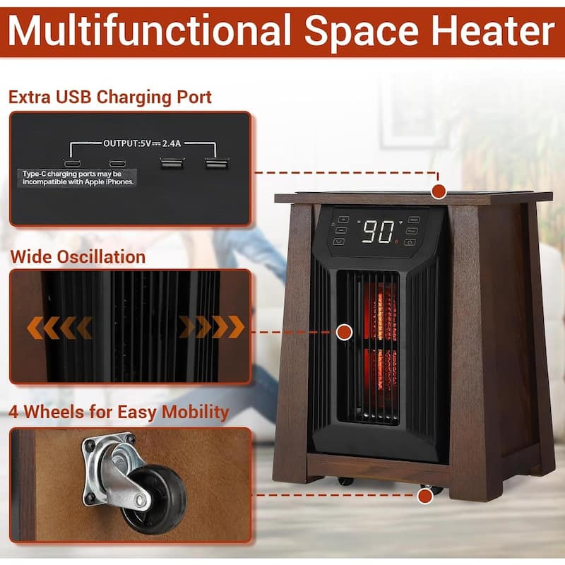 1500W Infrared Space Heater, with 8 Heating Quartz Elements