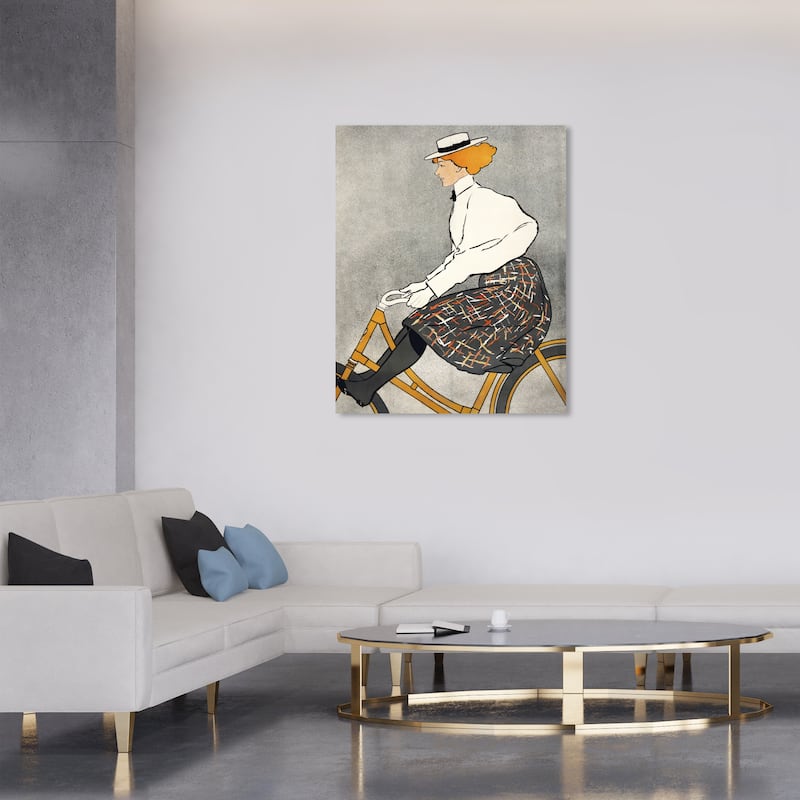 Wynwood Studio Canvas Fashion Vintage woman riding a bicycle - Edward Penfield Orange and Vintage Wall Art Canvas Print - 36 x 30