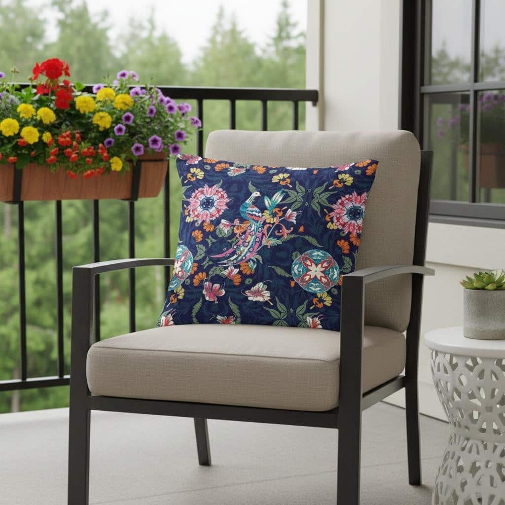 HomeRoots Set of Two 16" X 16" Blue and Pink Peacock Blown Seam Floral Indoor Outdoor Throw Pillow - 16.00' X '16.00' X '5.00