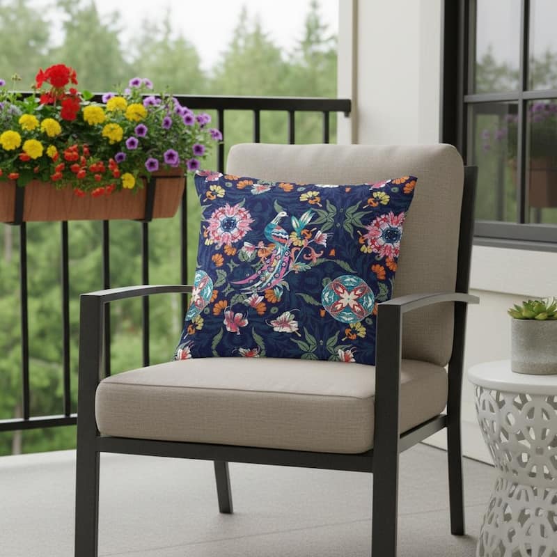 HomeRoots Set of Two 16" X 16" Blue and Pink Peacock Blown Seam Floral Indoor Outdoor Throw Pillow - 16.00' X '16.00' X '5.00 - Blue/Pink - 16.00' X '16.00' X '5.00