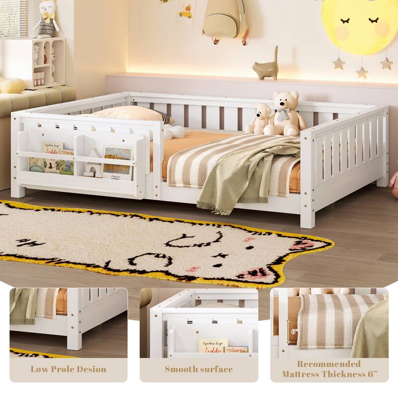 Montessori Floor Bed Low Profile Kids Bed with Rails & Bookshelf