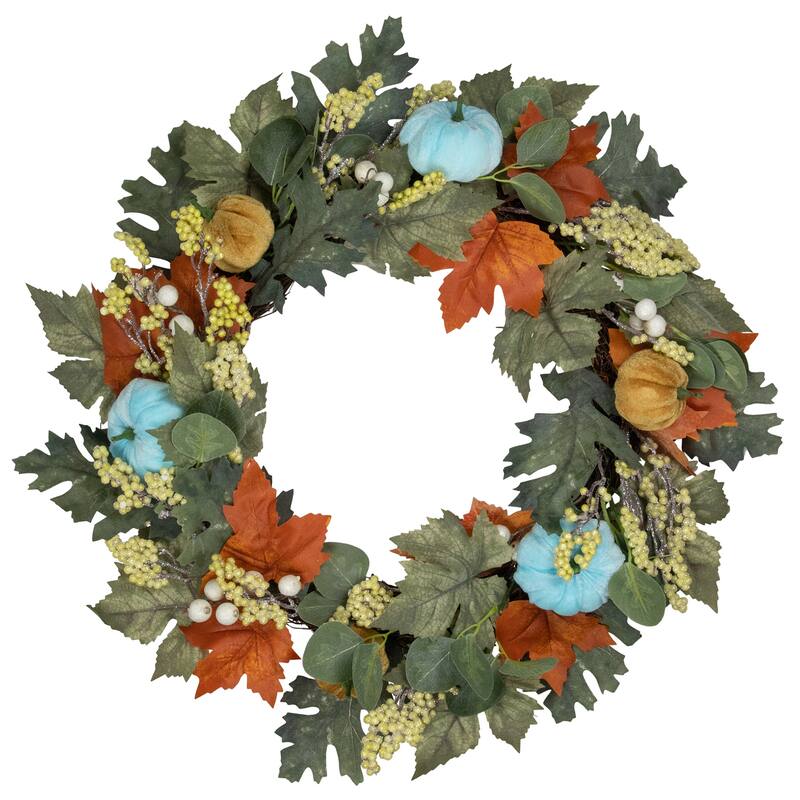 Foliage and Gourds Thanksgiving Artificial Wreath - 22" - Blue and Orange