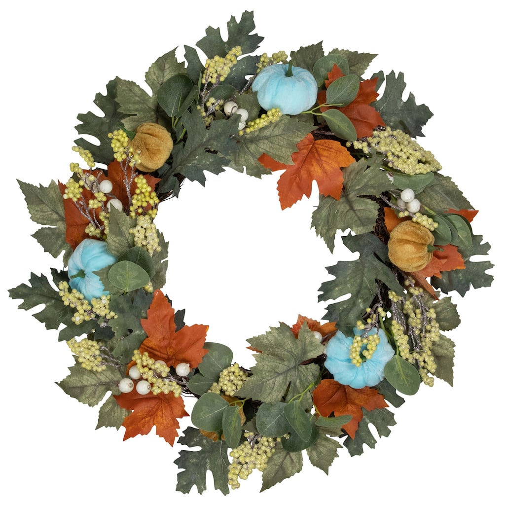 Foliage and Gourds Thanksgiving Artificial Wreath - 22" - Blue and Orange