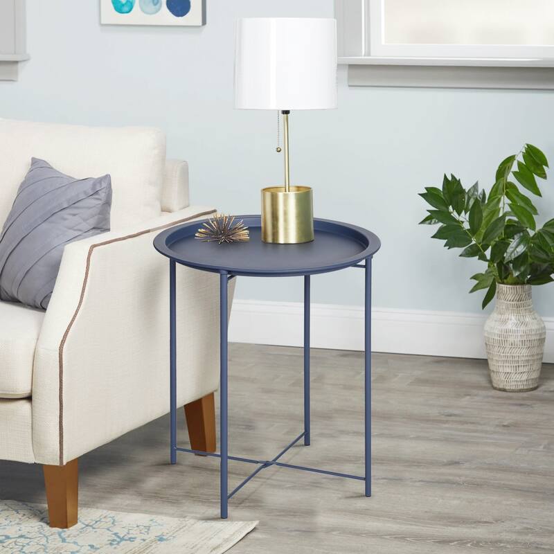 VECELO 1/2-Pack Blue Modern Side Table/ End Table with Round Removable Tray X-Shape Frame for Living Room or Bedroom