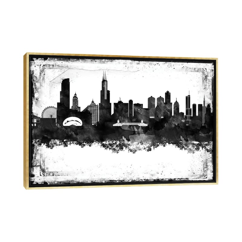 iCanvas "Chicago Black And White Framed Skylines" by WallDecorAddict Framed - Gold - 32x48