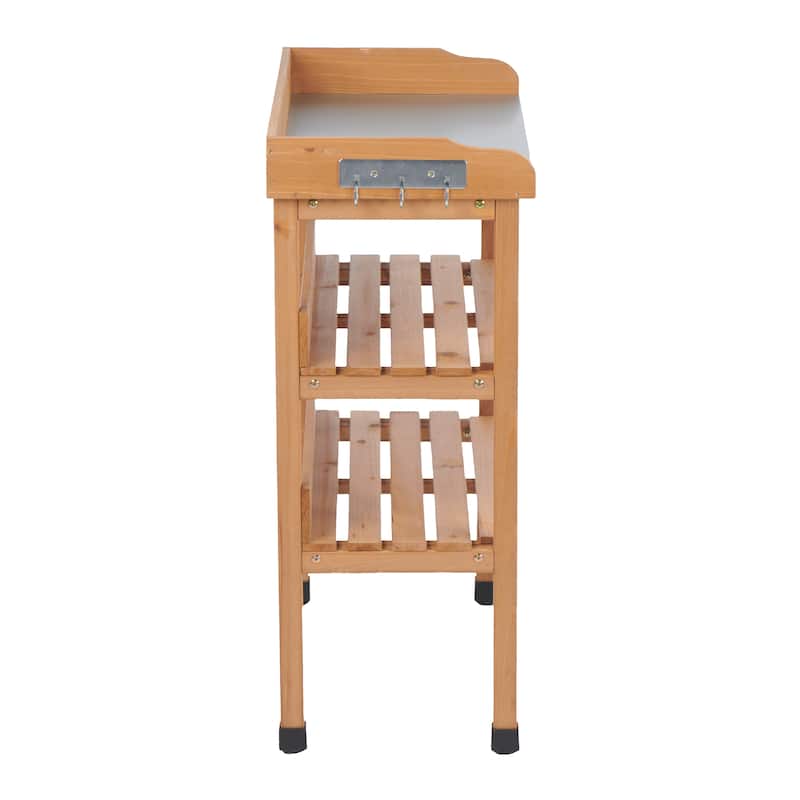 Anmytek Solid Wood Potting Bench with Waterproof Metal Tabletop, 3-Tier Outdoor Gardening Workstation with Storage Shelves