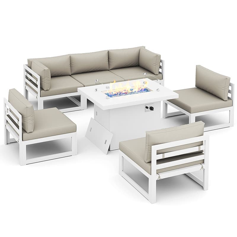 FINCATI 7 Piece Aluminum Outdoor Furniture Set with Propane/Natural Gas Fire Pit Table, 29" Wide Outdoor Sectional Sofa for 6
