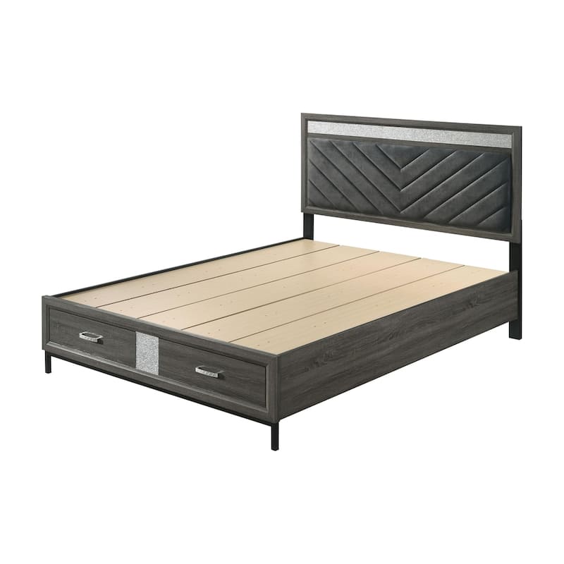 Lito Full Size Bed w Padded Headboard, 2 Footboard Drawers, Gray