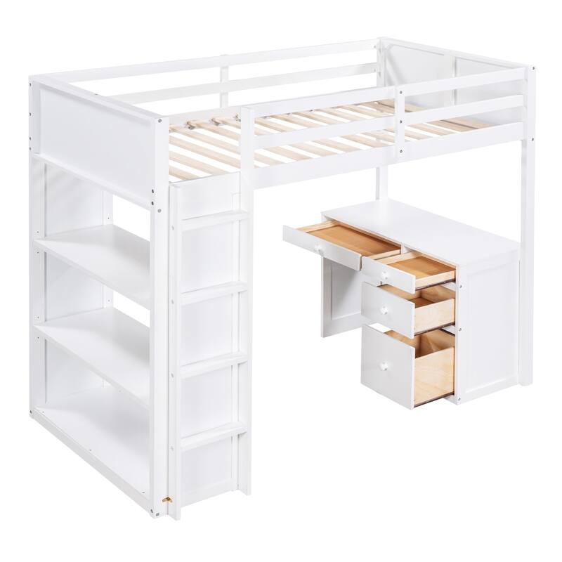 Twin Size Loft Bed with Desk & Shelves, Wood Bedframe for Kids/Adults