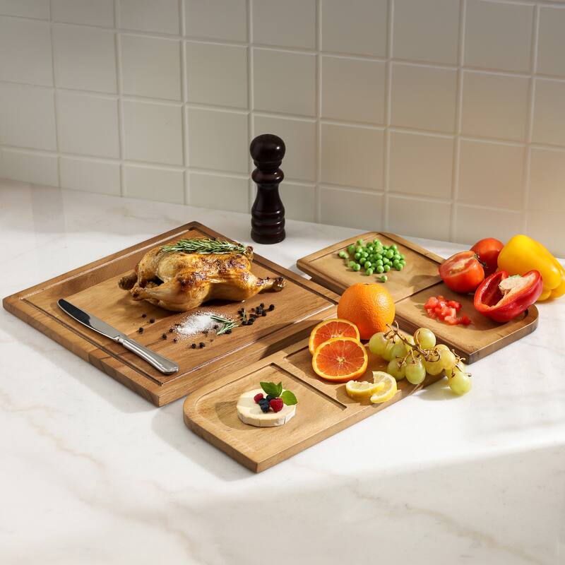 Sango Atelier Acacia Wood 3-Piece Stackable Cutting Board Set- Small & Large Kitchen Chopping Boards for Meat & Vegetables