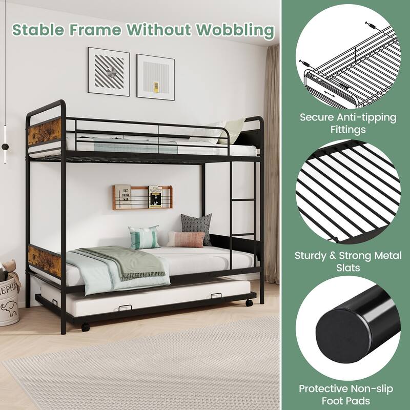 Gymax Twin Over Twin Bunk Bed w/ Trundle Industrial Metal Bunkbed