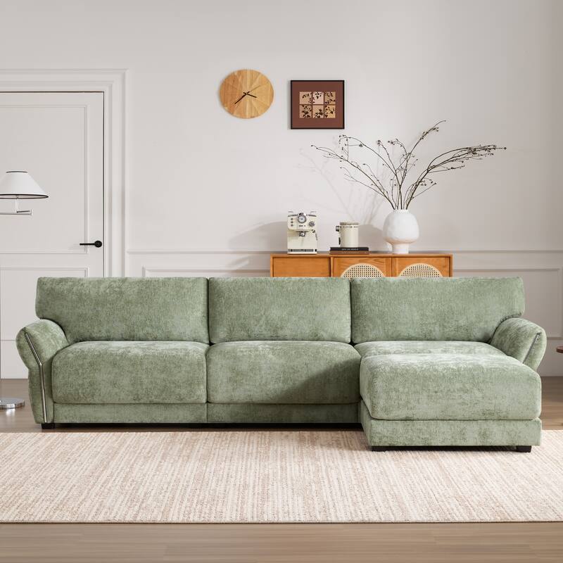 110" Modular Sectional Sofa, L-Shape, Green Chenille, with Charging Ports, Petal Armrests, Free Movement Ottoman