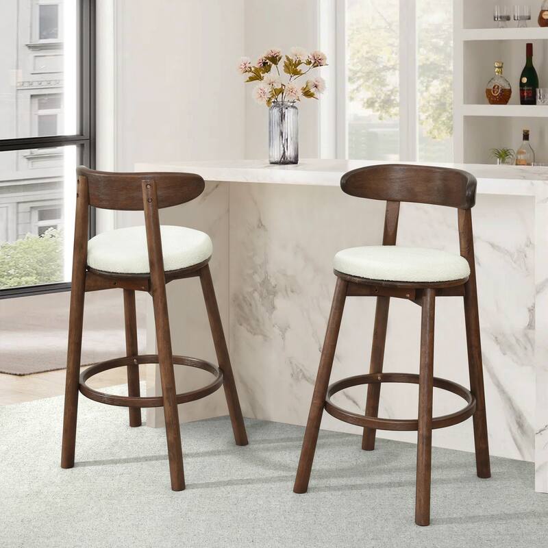 Christopher Knight Home - Ashley Contemporary Upholstered Round Cushion Bar Stools with Rubberwood Frame, Set of 2 - Beige+Walnut