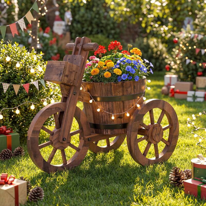Gymax 2PCS Rustic Wood Tricycle Planter w/Barrel Pot & Storage Box for
