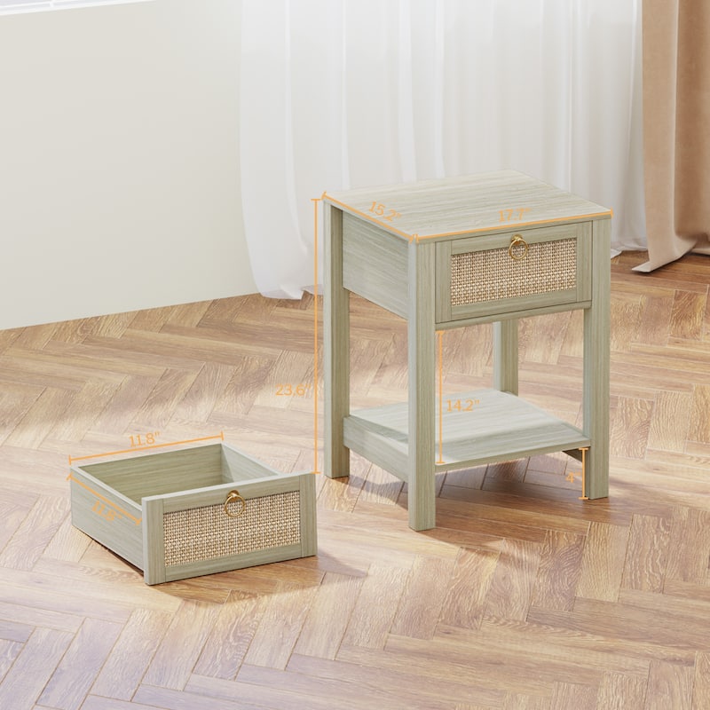 SICOTAS Farmhouse 1-Drawer Rattan Nightstand Set of 2