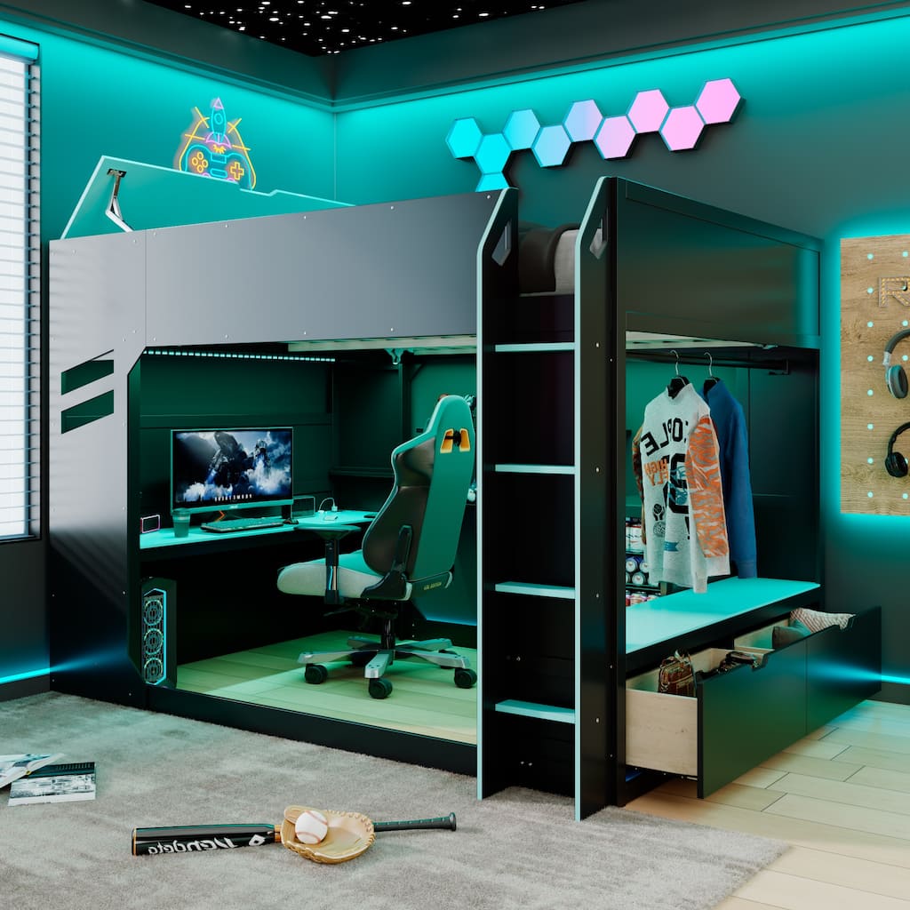 Full Size Gamer Loft Bed with Adjustable Desk, RGB Light Strip and Charging Station by Harper&Bright Designs