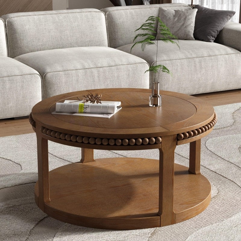 Round Solid Wood Coffee Table, Two-Tier Design with Sturdy Construction for Living Room Elegance