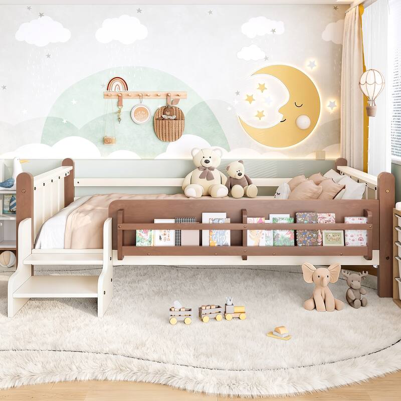 Full/Twin Floor Bed with Storage Bookcases & Cute Stairs - Solid Wood Kids Bed, No Box Spring - Beige - Twin