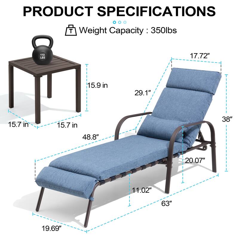 Outdoor Cushioned Chaise Lounge Chairs Adjustable Reclining Sun Lounger with Side Table
