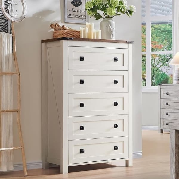 48" Tall Farmhouse 5 Drawer Wood Dresser, Chest of Drawers for Bedroom