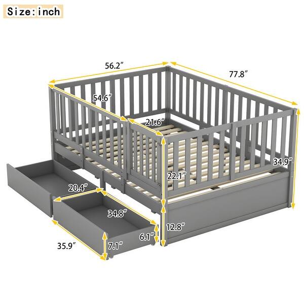 dimension image slide 1 of 3, Full Size Wood Daybed with Fence Guardrails and 2 Drawers Split into Independent Floor Bed and Daybed, Gray