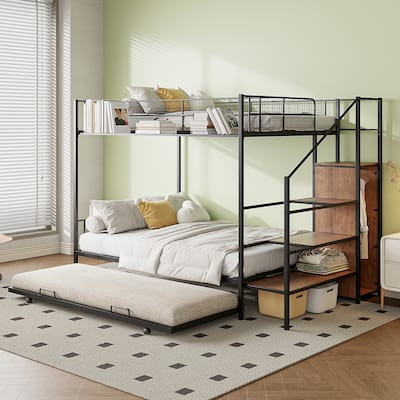 Metal Bunk Bed Upper Bed with Side Storage Shelve, Kids Bed Frame with Lateral Storage Ladder & Wardrobe, Trundle Bed or Drawers