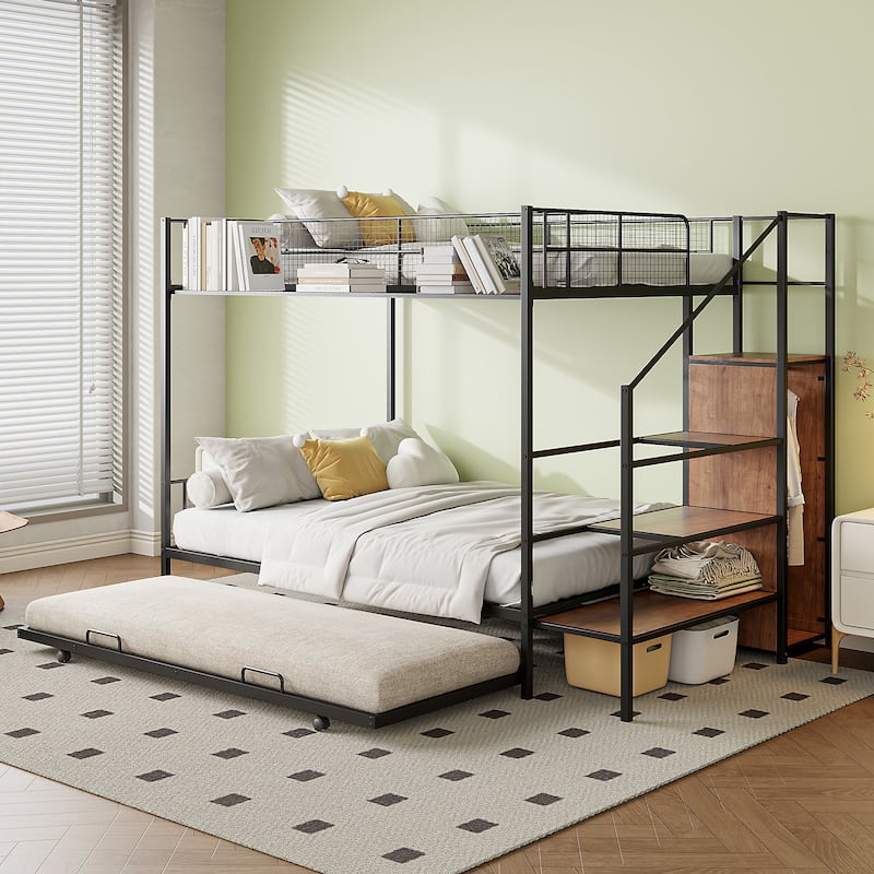 Twin over Full Metal Bunk Bed with Trundle and Storage Ladder