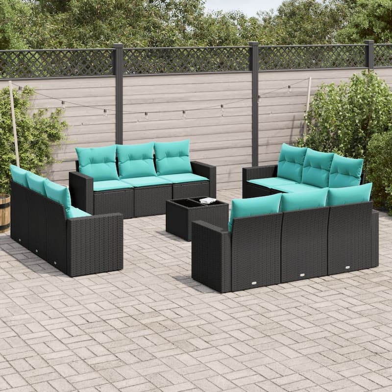 vidaXL Patio Sofa Set with Cushions Outdoor Conversation Furniture Poly Rattan - 25.8" x 24.4" x 27.2" - Black and blue with table