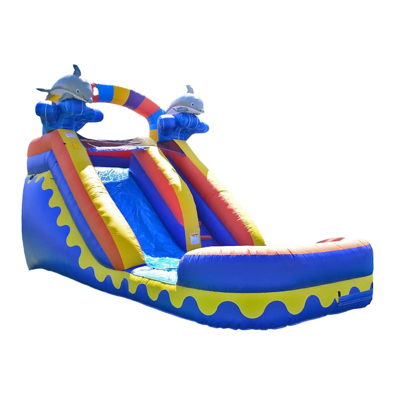 JumpOrange Dolphin Splash 14 Ft Commercial Grade Inflatable Water Slide with Deep Pool (with Blower)