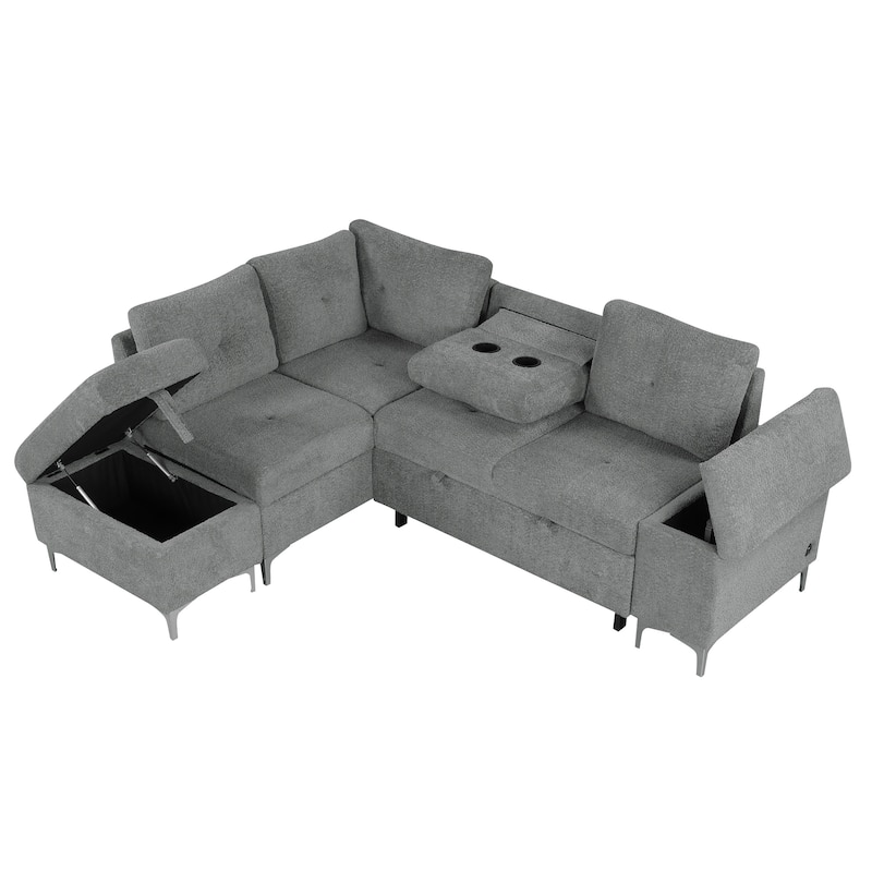 Upholstered L-Shaped Sleeper Sectional Sofa with Storage Space, 2 Cup Holders and 2 USB Ports Pull-out Sofa Bed