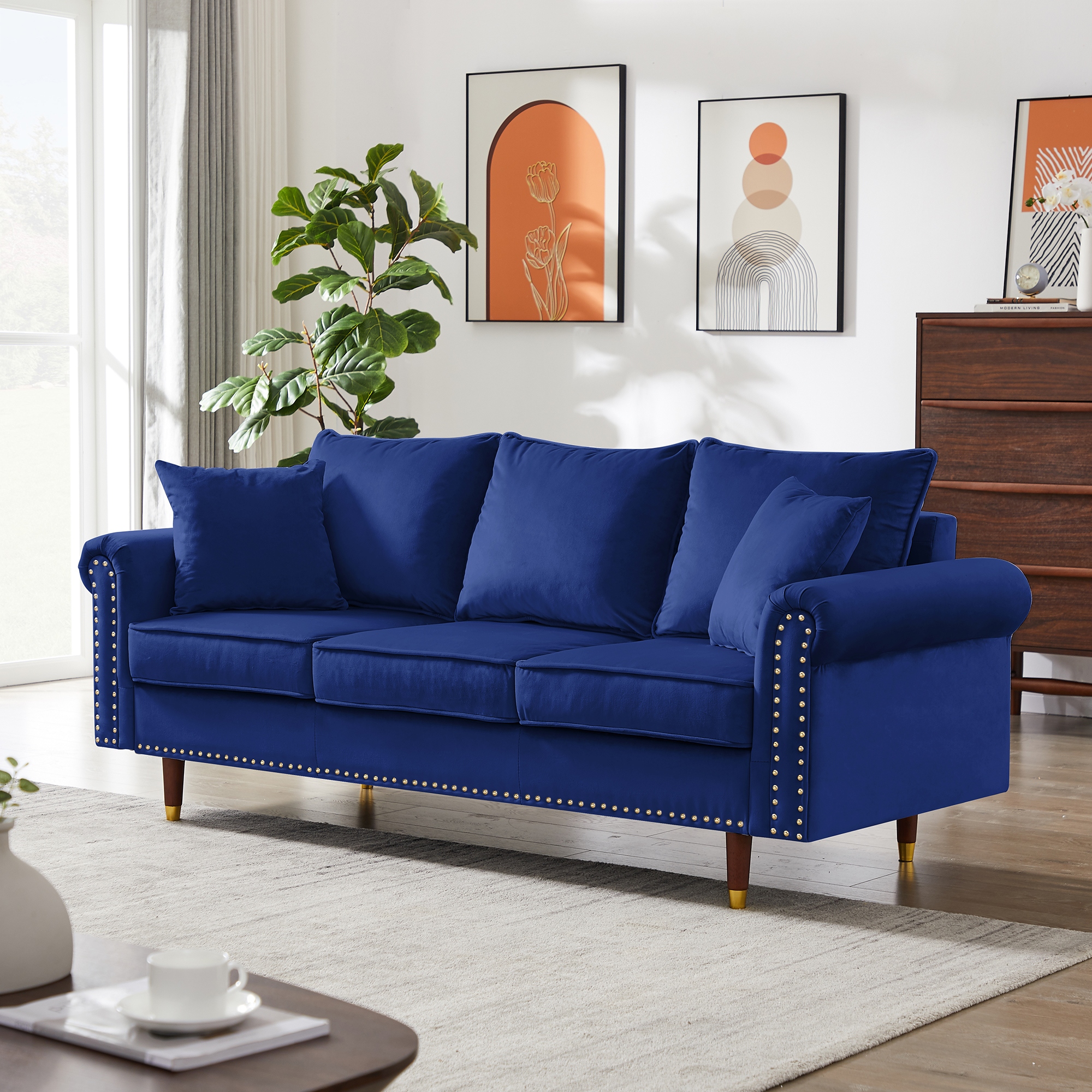 Navy blue deals couch with nailheads