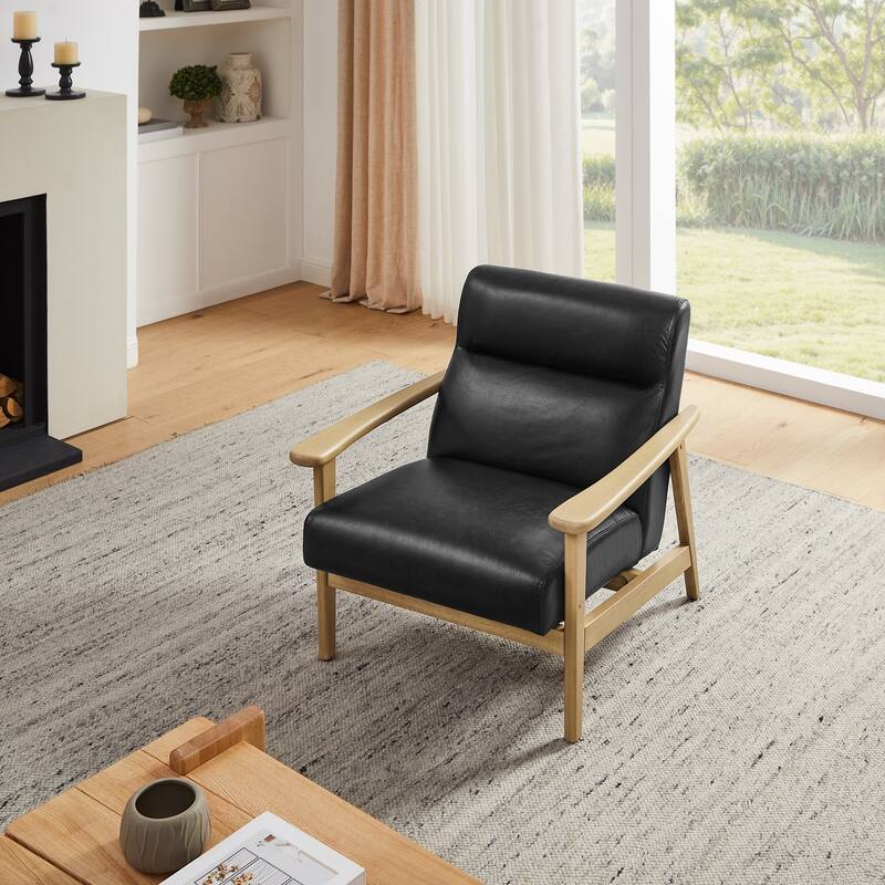 Modern Genuine Leather Accent Armchair with Natural Solid Wood Frame