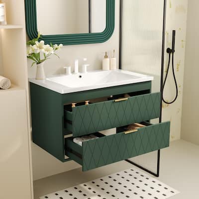 30 Inch Wall Mounted Bathroom Vanity with Resin Sink Combo, Floating Solid Wood Bathroom Storage Cabinet with 2 Drawers, Green
