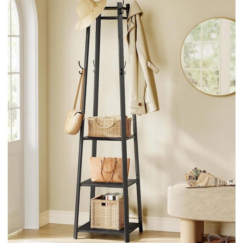 Modern Farmhouse Coat Rack with 3 Rustic Wood Shelves and 8 Hooks for Entryway Storage - 70.9'' H x 16.9'' W x 16.9'' D