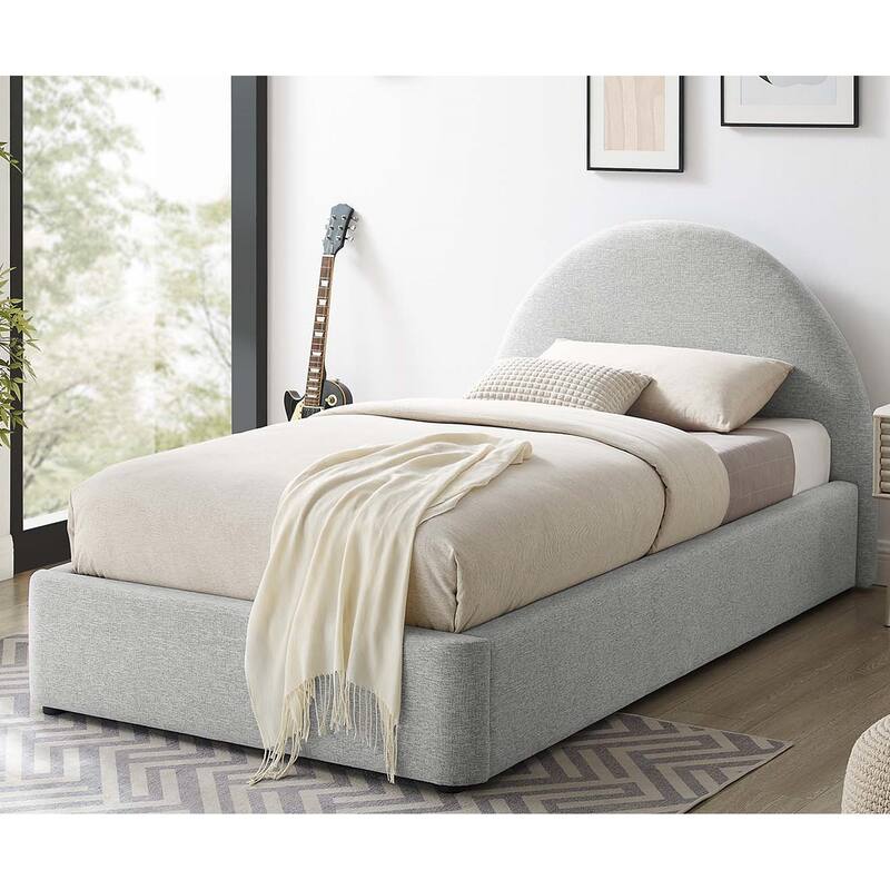 Palmetto Modern Round Headboard Light Grey Fabric Upholstered Twin Size Platform Bed