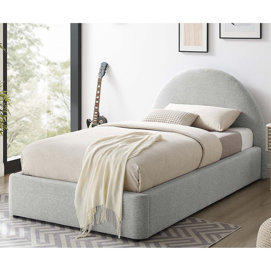 Palmetto Modern Round Headboard Light Grey Fabric Upholstered Twin Size Platform Bed