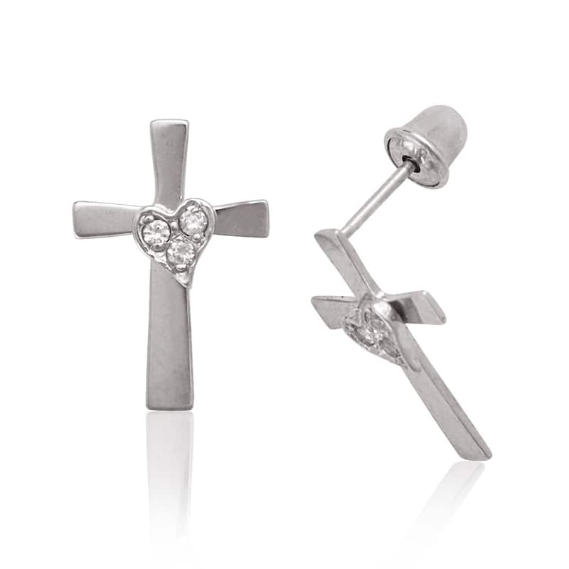 Curata 14k Gold Round Cubic Zirconia Heart Cross Screw Back Earrings - White