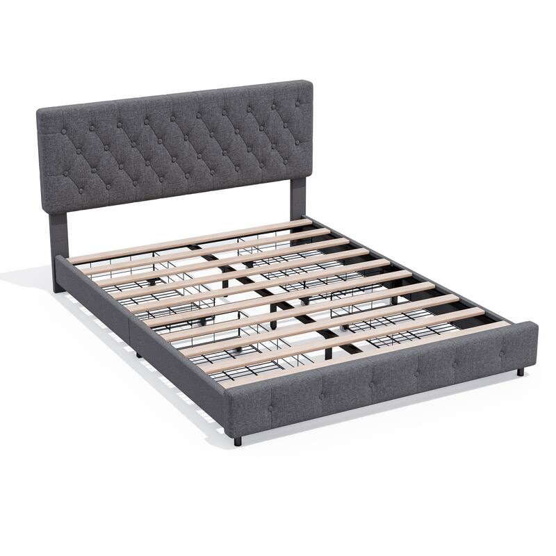 Linen Upholstered Headboard Bed Frame with Large Hidden Storage, 4 Underbed Drawers with Pulleys - Charcoal - Full