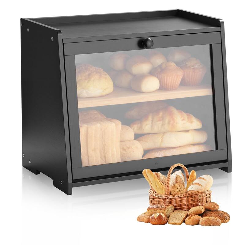Black Two-Tier Wooden Trapezoid-Shaped Bread Box with Knife and Cutting Board for Kitchen Counter - 15.75” x 9.85” x 13.19”